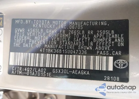 2005 Toyota Avalon Xls from USA, damaged, VIN 4T1BK36B15U047336